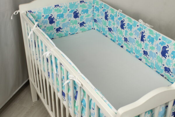 All-Round Cot Bumper, White with Blue Elephant Pattern and White Ribbons